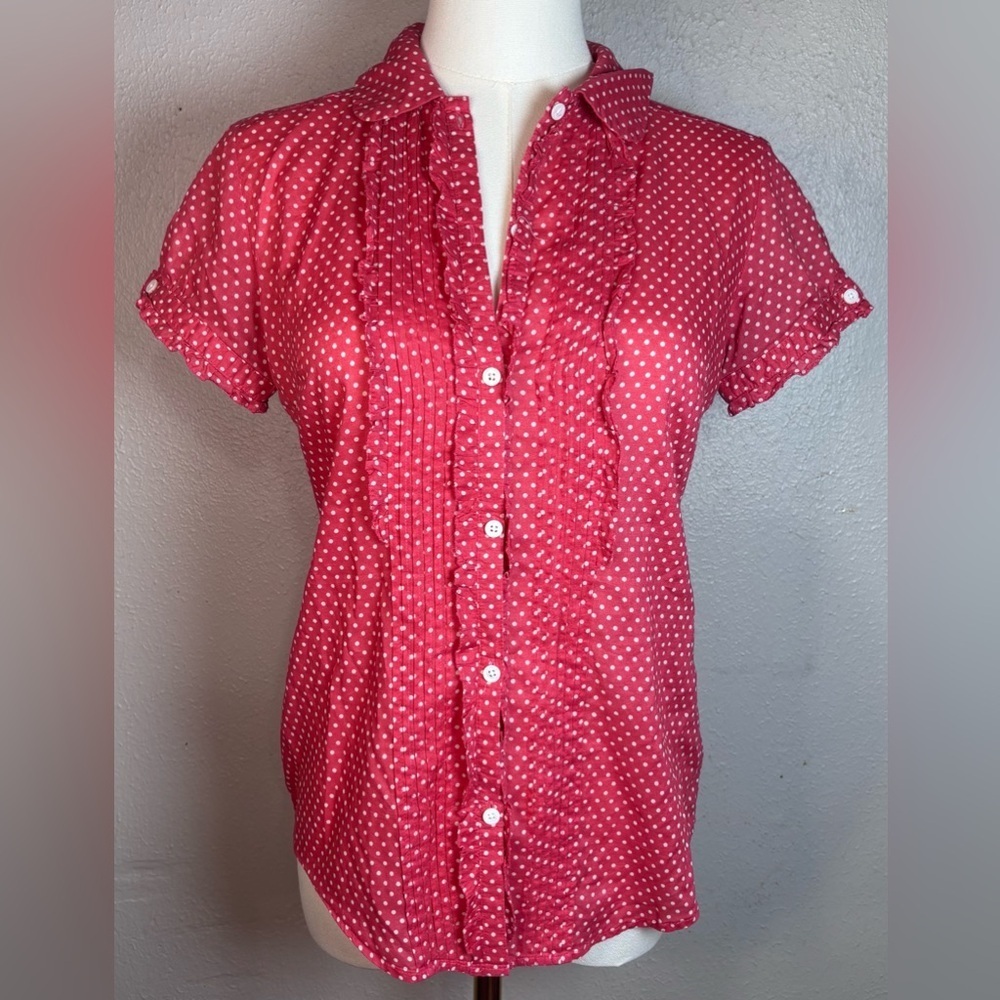 Vintage Red Polka Dot Feminine Women's Top size Small Button Front Short Sleeve